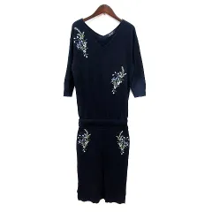 ジャスグリッティー JUSGLITTY ワンピース ニット マキシ ロング Vネック 刺繍 長袖 2 M 紺 ネイビー /MN