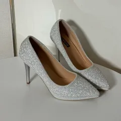 @新品 24.5cm 10cm シルバー グリッター ハイヒール パンプス 靴