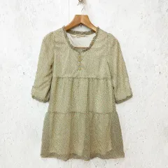 natural couture ナチュラルクチュール レトロ 小花柄 ミニワンピース 5分袖 シフォン グリーン ◎_〇□☆