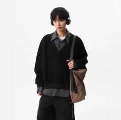 メンズ 長袖 ポロシャツ 偽レイヤード 配色切替 ゆったり 秋 トレーナー風 カジュアル bu1