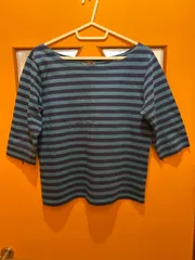 【G5-01】△ agnes b. サイズT2 7分袖カットソー　青色　紺色　ボーダー　レディース