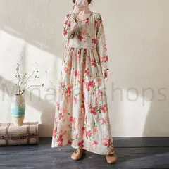 ロングワンピース ワンピース レディース 綿麻 春 夏 秋 花柄 体型カバー ゆったり 長袖 Uネック フレアワンピース 柔らかい Aライン ハイ