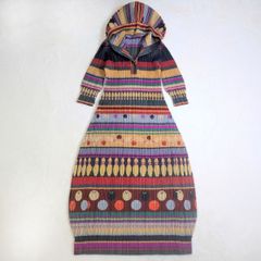 A masterpiece from PLEATS PLEASE ISSEY MIYAKE: a bowling-patterned hoodie dress, multi-colored, long, maxi dress, size 2 (equivalent to M), featuring a shirt, stripes, borders, and pins. Designed by Issey Miyake.