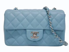 新品同様 CHANEL シャネル ミニマトラッセ19 ターコイズ ブルー ランダム ラムスキン ココマーク シルバー金具 中古 4b011173