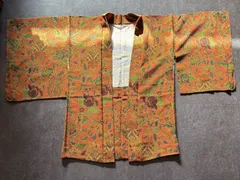 【羽織】オレンジ  花柄  和装  和服  しつけ糸あり  リメイク