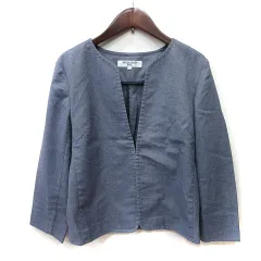ナチュラルビューティーベーシック NATURAL BEAUTY BASIC ノーカラージャケット 麻混 リネン混 S 紺 ネイビー /YI