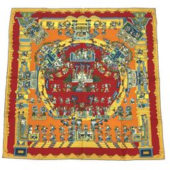 エルメス/HERMESカレ90 天体と太陽 シルクスカーフ オレンジ×ネイビー