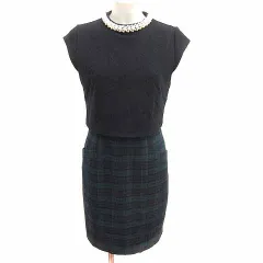 リランドチュール Rirandture ワンピース ミニ ドッキング パール チェック フレンチスリーブ 1 S 黒 ブラック 紺 ネイビー 緑 グリーン /YK