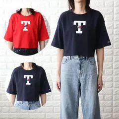トミージーンズ Tシャツ レディース ショート丈 レッド ネイビー TOMMY JEANS  フラッグ ロゴ DW0DW16167