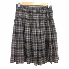 23区 オンワード樫山 プリーツスカート ひざ丈 チェック カシミヤ混 36 S 黒 ブラック 茶 ブラウン グレー /YK