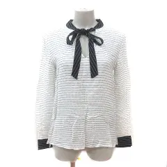 ザラ ベーシック ZARA BASIC ブラウス ボウタイリボン ドット ボーダー 長袖 S 白 ホワイト 濃紺 ネイビー /MS