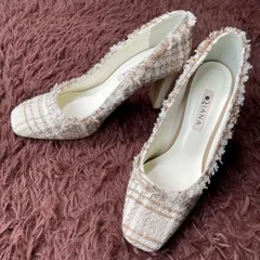 ダイアナ　DIANA 美品　チェックツイードパンプス　チャンキーヒール　スクエアトゥ　フリンジ　24 アイボリー×ベージュゴールド　オケージョン　オフィス