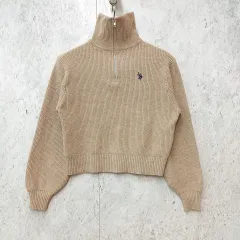 U.S. POLO ASSN. ユーエスポロアッスン ハーフジップ ニット セーター ワンポイント刺繍 カジュアル ベージュ Lサイズ ◇〇