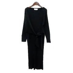 アズールバイマウジー AZUL by moussy ワンピース ニット ミモレ ロング 長袖 リブ アシンメトリー M 黒 ブラック /MN