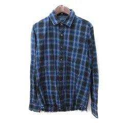 ナノユニバース nano universe シャツ チェック 長袖 フリンジ 麻混 リネン混 S 黒 ブラック 紺 ネイビー /YI