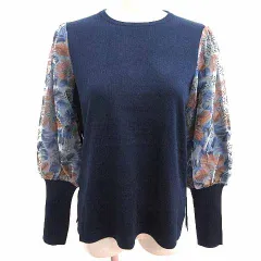 ソークローズ So close, ニット カットソー 切替 刺しゅう レース 総柄 長袖 M 紺 ネイビー /YK