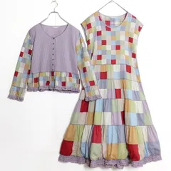【レア美品！】カネコイサオ★総パッチワークの二点セット！ノースリーブワンピースー&ブラウス 綿ローン 薄紫系 z16981