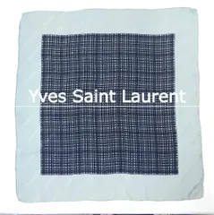 美品 Yves Saint Laurent イヴサンローラン チェック柄 ロゴ シルク100% スカーフ ハンカチ ネイビー×グレー系