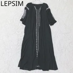 レプシィム　シャツワンピース　Vネック　パフスリーブ　刺繍　前開き　薄手　Aライン　ゆったり　エレガント　上品　カジュアル　ブラック