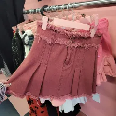ピンク色 ダメージ プリーツ ミニスカート (デニム)