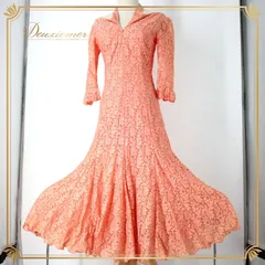 社交ダンス 衣装 スタンダード ドレス ワンピース パーティ衣装 U:NA ユーナ オレンジ系 コーラル 花柄 レース かわいい フェミニン 上品 コスチューム パーティードレス ラインストーン 伸縮性 フォーマル ドレッシー エレガント ショーダンス お洒落