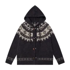 新品未使用 h アメリカンヴィンテージ  フェアアイル柄 ニットカーディガン フード付き｜ユニセックス｜冬用｜学院風｜ルーズフィット