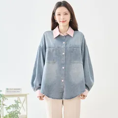 【タイムセール 7%OFF 2/11 10:00まで】【新入荷】【新品】【送料込】デニムシャツ　TRUBE 配色アクセント長袖デニムシャツ(M~L)　ピンク