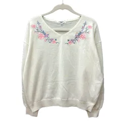 ナチュラルビューティーベーシック NATURAL BEAUTY BASIC ニット カットソー Vネック 刺繍 長袖 M 白 アイボリー /MN