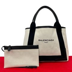 極 美品 BALENCIAGA バレンシアガ ネイビーカバス S レザー 本革 キャンバス ハンドバッグ ミニ トートバッグ ブラック アイボリー 471-4