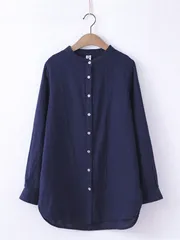 ロング シャツ ブラウス レディース トップス チュニック 長め丈 長袖 羽織り バンドカラー ビッグシルエット 無地 コットン100% 綿 ガーゼ