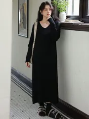 ニット ワンピ ワンピース ロングワンピース ロング ニットワンピース ニットワンピ 体型カバー レイヤード 長袖 Vネック きれいめ 無地 大