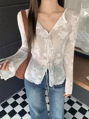 カーディガン、レディース、日常カジュアル、ニットカーディガン、ジム、薄手透け、長袖オーバーシャツ、セクシースタイル、結び紐設計、春