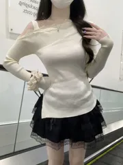 インナートップス 女性用 オフショルダーロングスリーブトップス プルオーバー春秋用 オフショルダー ニットインナー 日常カジュアル 韓系