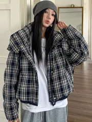 レディース コート 冬 レディース アウター ショート丈ダウン綿入れジャケット モコモコアウター 厚手 スタンドカラー チェック柄 フード付