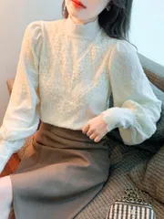 ブラウス シャツ レース トップス レディース 花柄 長袖 ハイネック タートルネック 薄手 インナー 大きいサイズ きれいめ 無地 ベージュ 