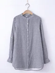 ロング シャツ ブラウス レディース トップス チュニック 長め丈 長袖 羽織り バンドカラー ビッグシルエット 無地 コットン100% 綿 ガーゼ