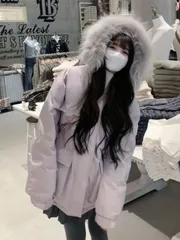 レディース 中綿ジャケット 冬 コート 新作 大型ファー付きフード 作業服風アウター パーカコート 綿入りコート 無地 防風 加厚 長袖 おし