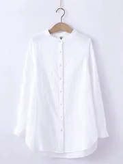 ロング シャツ ブラウス レディース トップス チュニック 長め丈 長袖 羽織り バンドカラー ビッグシルエット 無地 コットン100% 綿 ガーゼ