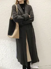 ニットカーディガン 長袖 レディース はおり ロング丈 ニット ジャケット 無地 ロングカーディガン ベルト付き シンプル 春 秋 ロングジャ