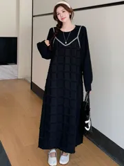 ワンピース 異素材 ドッキング スウェット チェック ワンピ レディース ロング ロングワンピース ジャガード トレーナー Aライン マキシ マ