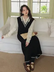 ロングワンピース レディース レイヤード風 ロング ワンピ ワンピース ロングワンピ マキシ丈 マキシワンピース 長袖 無地 重ね着風 体型カ