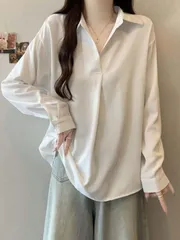 シャツ スキッパー レディース トップス ブラウス プルオーバー Vネック 長袖 オーバーサイズ 無地 きれいめ ゆったり 大きいサイズ 体型カ