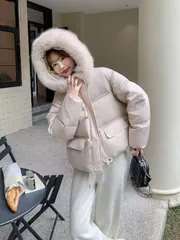 レディースアウター ダウンコットンアウター 中綿ジャケット ショートレングス綿入りジャケット 大ファーカラー フード付きアウター 冬用ア