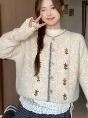 日系ソフトで上品な丸首フラワー刺繍カーディガンセーターアウター レディース秋冬スタイル くつろぎ風コーディネートトップスおしゃれで合