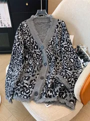 カーディガン レディース レオパード 模様 カーデ トップス ニットカーディガン 羽織り 羽織 ニット セーター 長袖 長そで ゆったり 秋 ジ