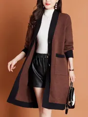 ロングニットカーディガン レディース 長袖 カーディガン カラー切替 はおり ニットジャケット ニットカーディガン 春 秋 大人 女性 通勤 