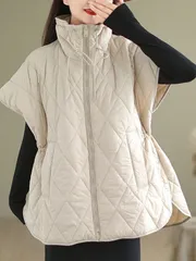 キルティングベスト 厚手ベスト レディース ゆったり ビッグシルエット 無地 冬 アウター ノースリーブ 中綿ベスト ハイネック 冬着 かわい
