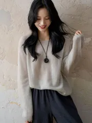 ニット レディース クルーネック 長袖ニット 薄手 トップス ニットソー 春 秋 透かし感 ニットセーター シンプル キレイめ