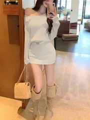 新品・未使用】秋冬レディース用ニットワンピース　ベルト付きで、エレガントレーディス　オフショルダーのタイト長袖ワンピース　リブ