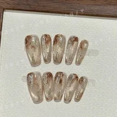 ネイルチップ　フラッシュマグネット　ニュアンスネイル　ブラウン系　ゴールドミラー　キラキラ　１０枚セット　春　バレンタイン　ホワイトデー　卒業式　春休み　旅行